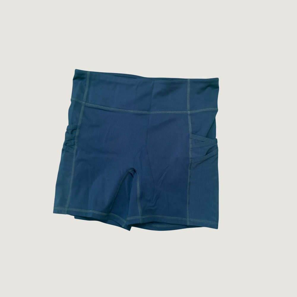 Fabletics Motion365 High Waisted Athletic Shorts Blue Side Pockets Womens 5in